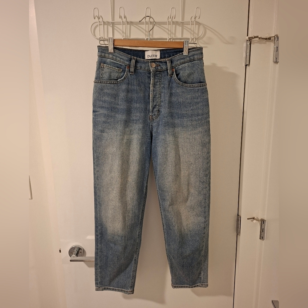 DU/ER Women's Classic Blue Denim Mom Jeans in Coolmax Cotton Fabric (US 28")